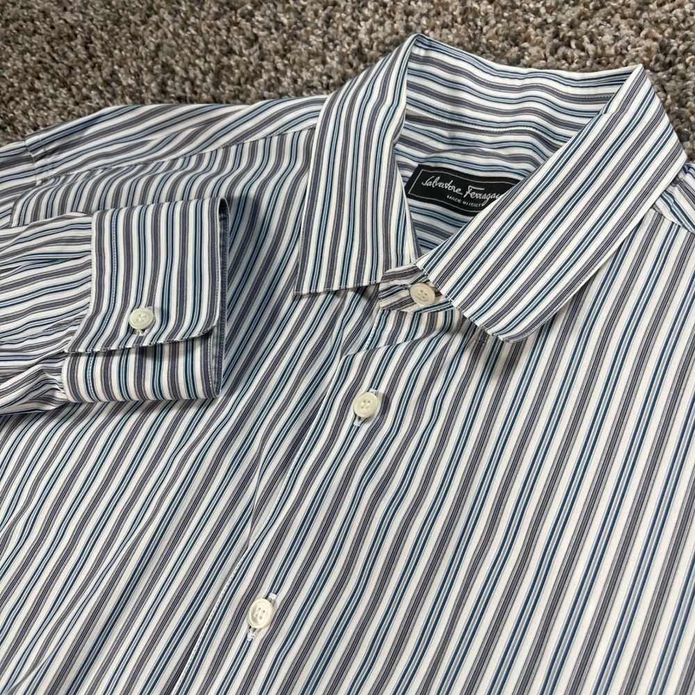 Salvatore Ferragamo Men's XL Striped Button Up Shirt Blue Grey Made in Italy